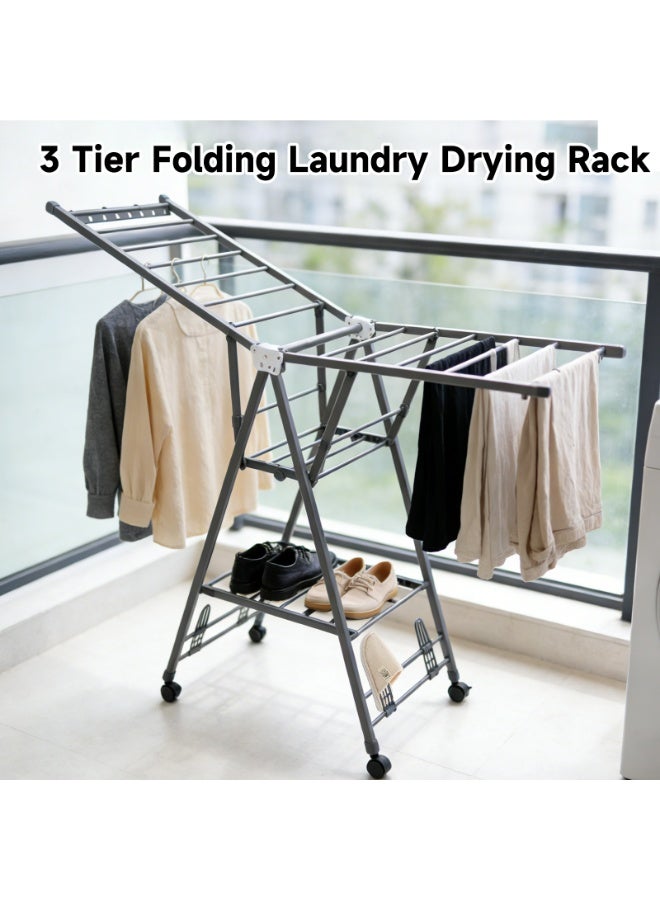 160CM الملابس القابلة للطي تجفيف رف 3-طبقة كبيرة الكربون الصلب غسيل تجفيف الوقوف مع أجنحة قابلة للتعديل مع 4 عجلات - Image 2